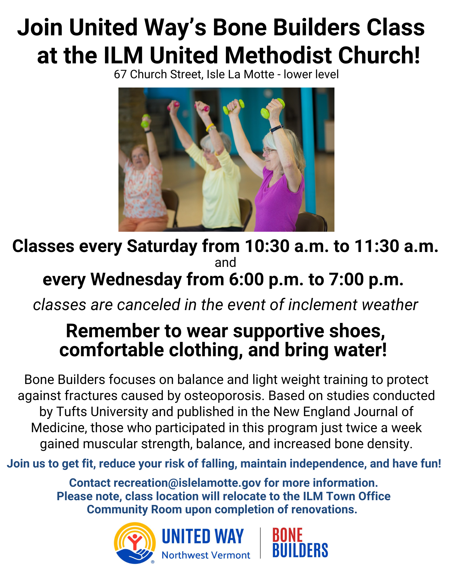 United Way Bone Builders - ILM Saturday Class @ Isle La Motte United Methodist Church