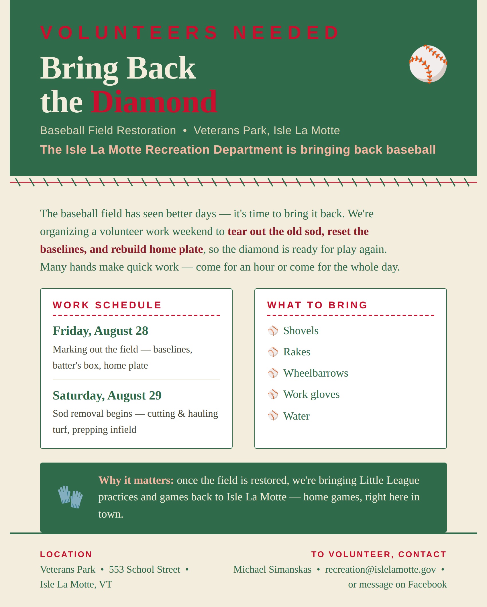 Bring Back the Diamond - baseball field restoration @ Veterans Park