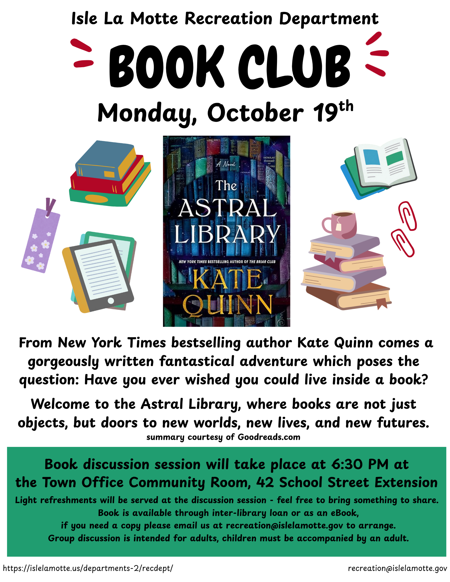 ILM Recreation Department Book Club Discussion @ Community Room at the ILM Town Office